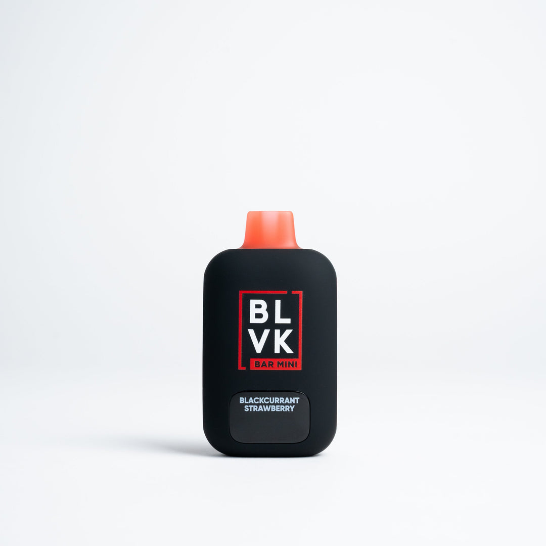 BLVK Bar Mini disposable vape in Blackcurrant Strawberry flavor, black body with red top.