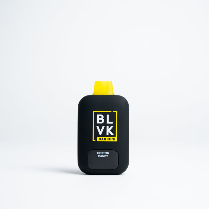 BLVK Bar Mini disposable vape in Cotton Candy flavor, black body with yellow top.