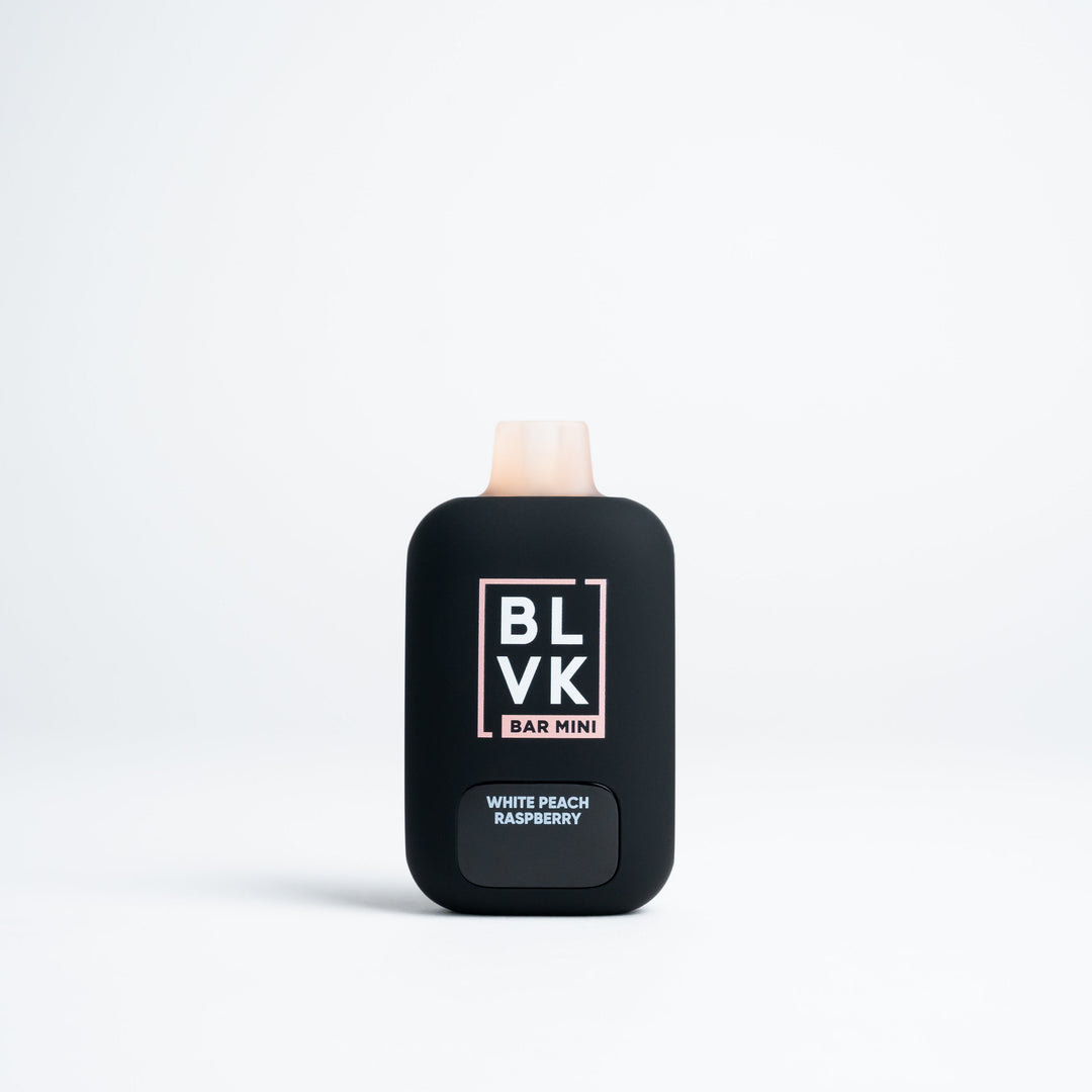 BLVK Bar Mini disposable vape in White Peach Raspberry flavor, black body with light pink top